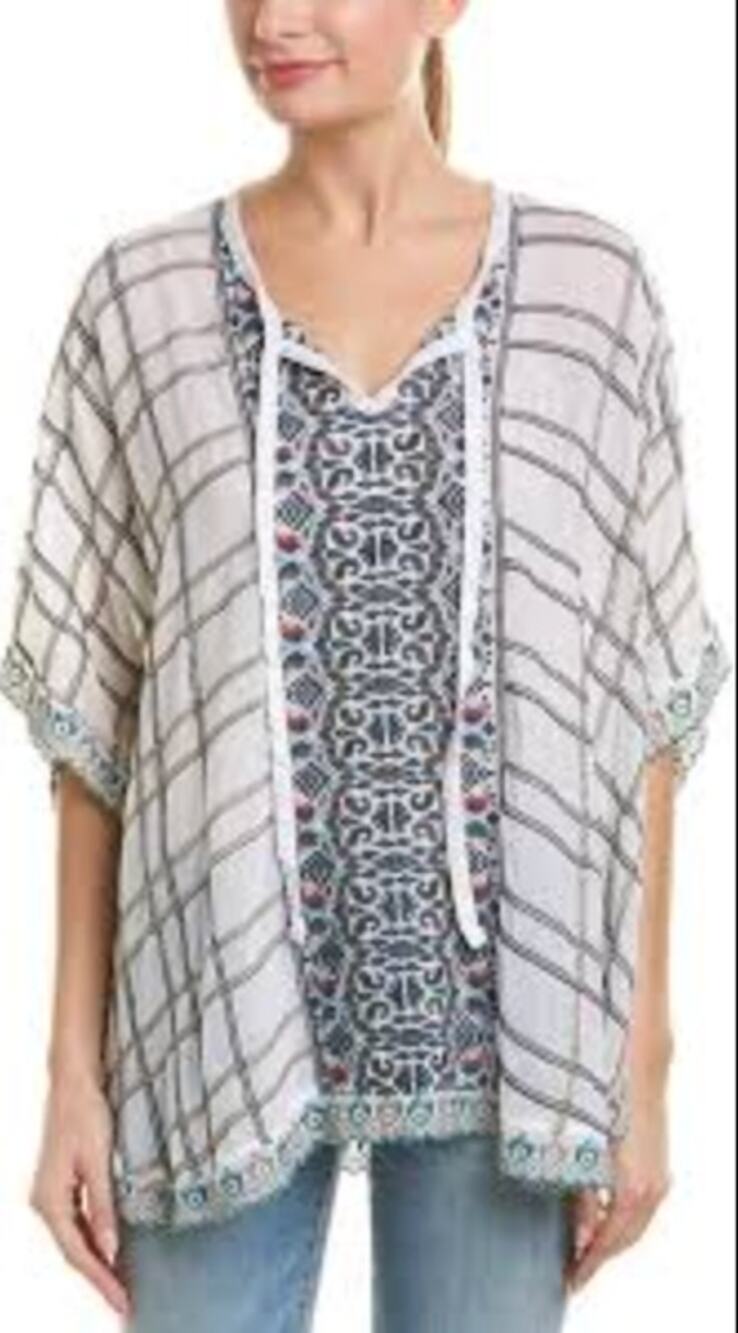 Johnny Was Cherpas Embroidered Tunic Poncho White Green Size XS EUC